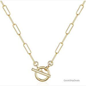 14K Gold Plated Paperclip Chain Necklace with Toggle Clasp